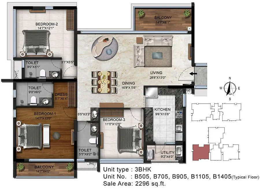 Radiance Platinum Floor Plan 3 BHK 2296 Sqft