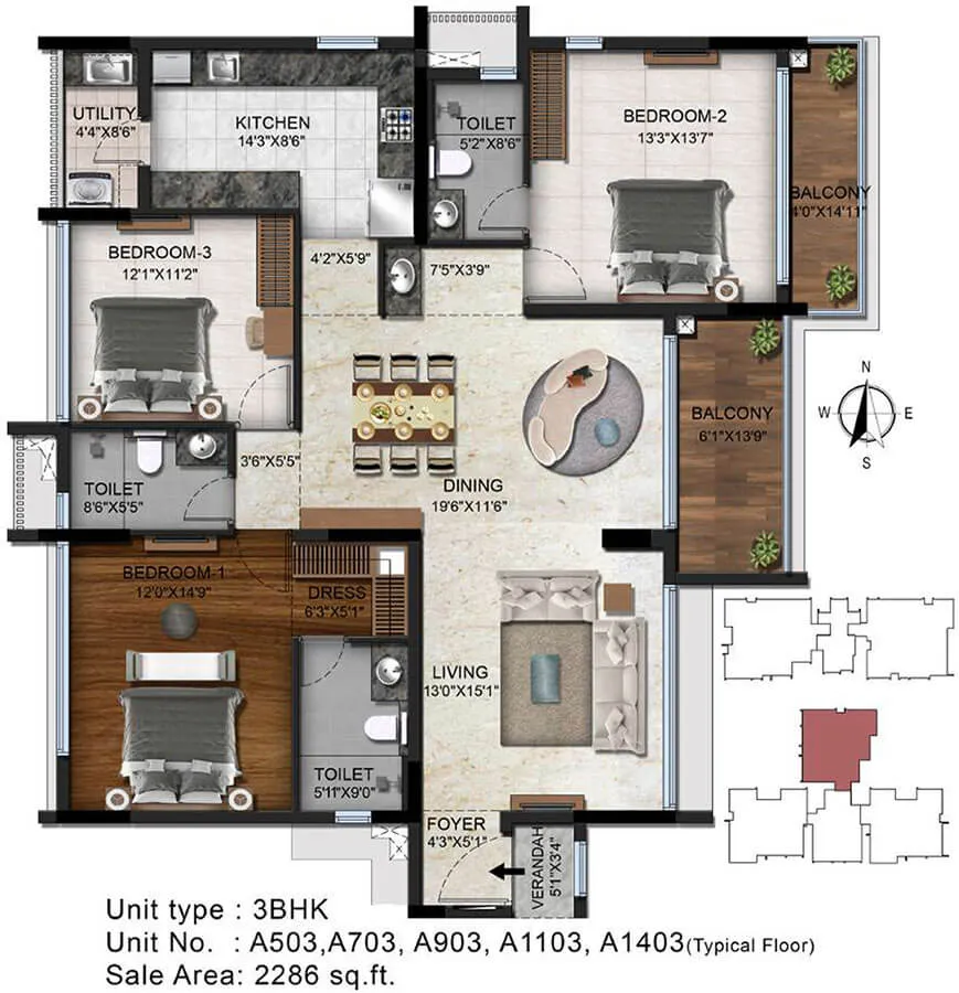 Radiance Platinum Floor Plan 3 BHK 2286 Sqft