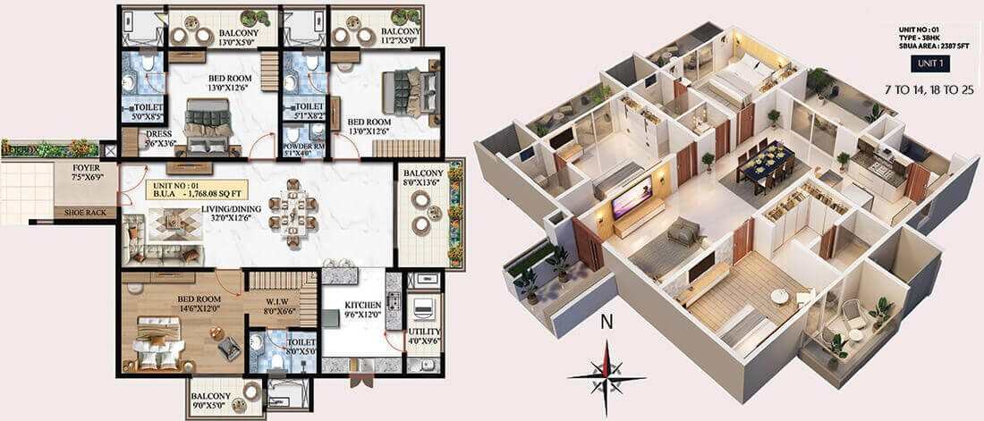 Melange ONE Floor Plan 3 BHK 2387 Sqft