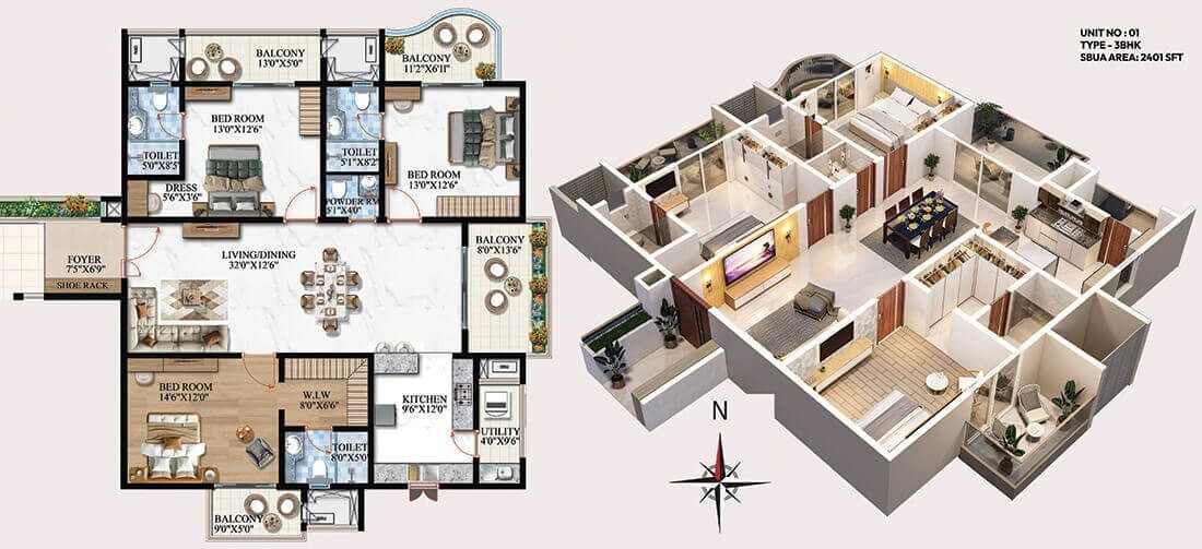 Melange ONE Floor Plan 3 BHK 2401 Sqft