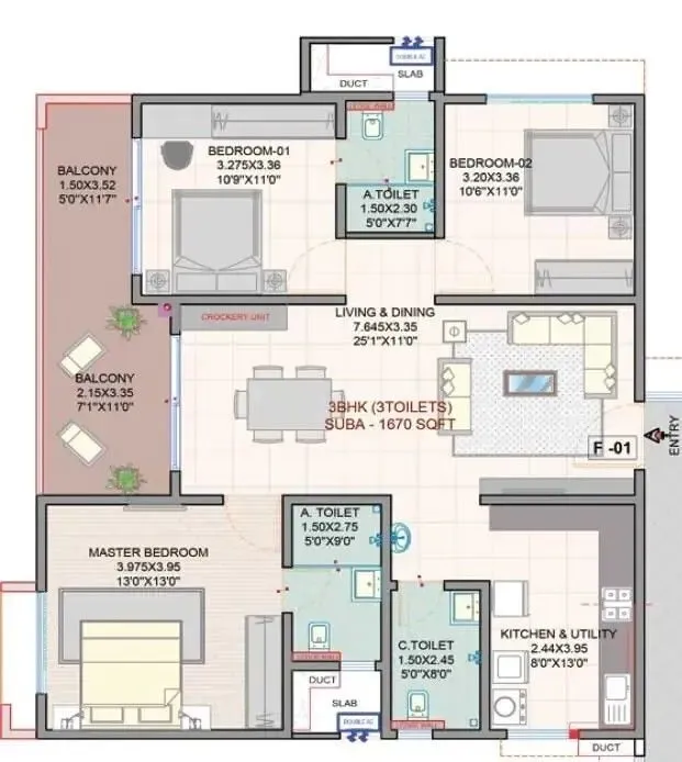 Myhna Vistara Floor Plan 3 BHK 1670 Sqft