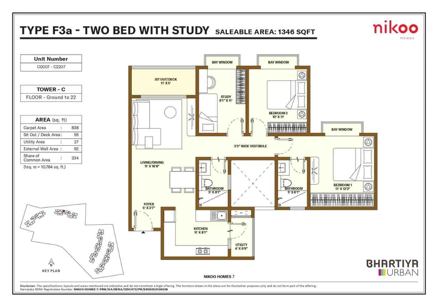 Nikoo Garden Estates Floor Plan 2 BHK with Study Type F3A