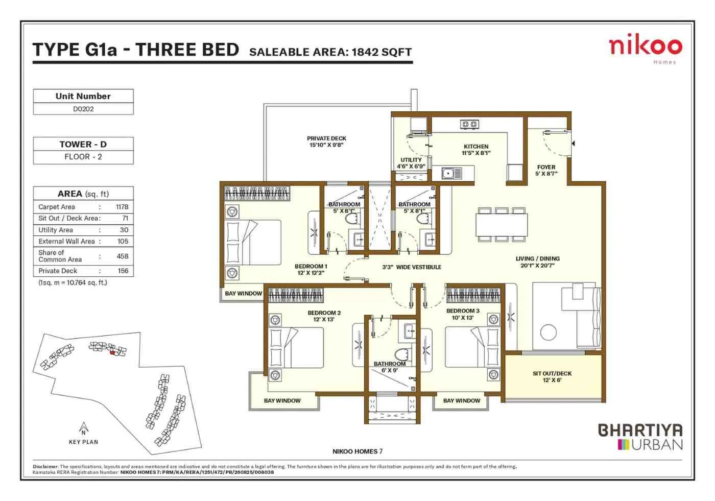 Nikoo Garden Estates Floor Plan 3 BHK Type G1A