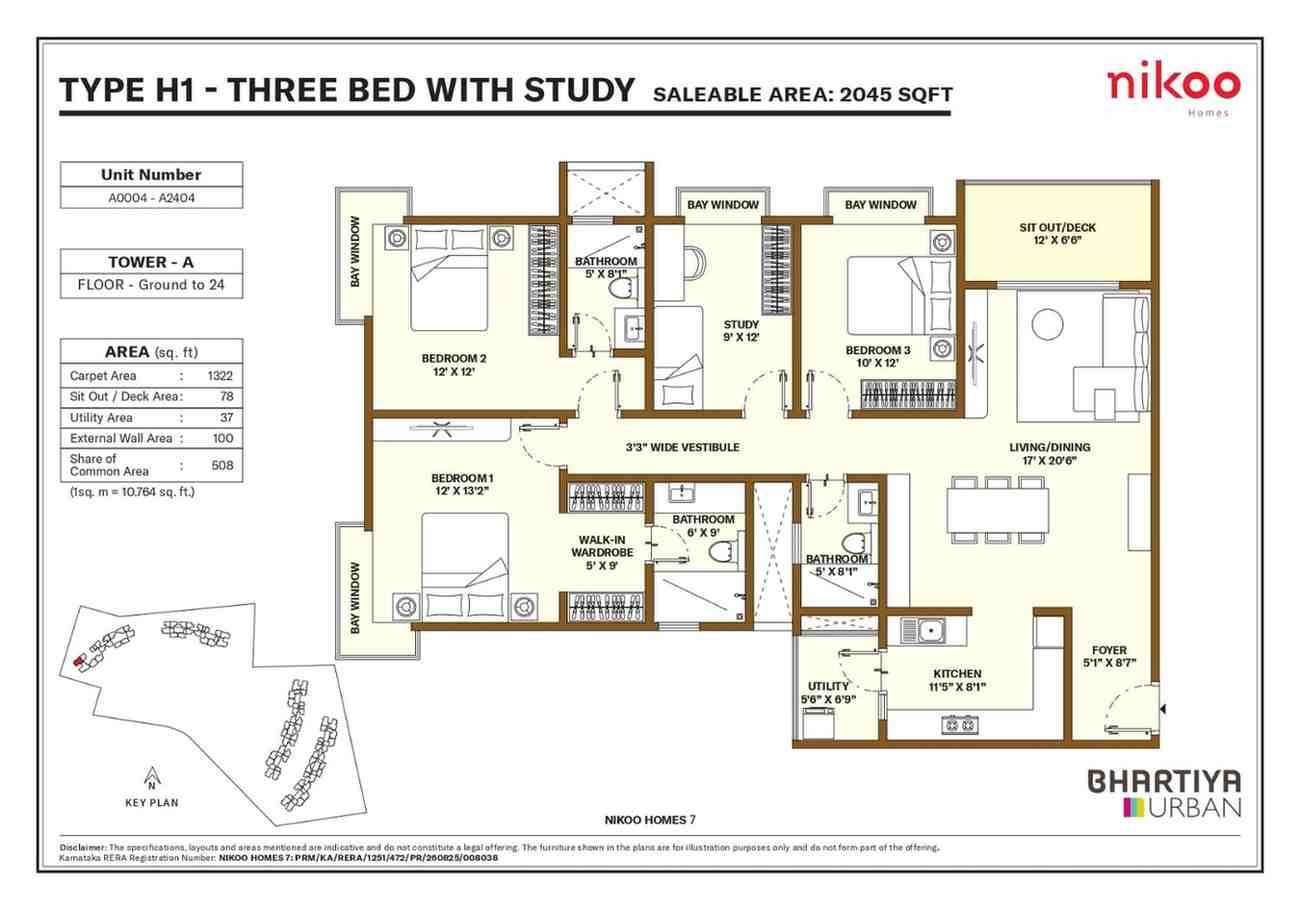 Nikoo Garden Estates Floor Plan 3 BHK with Study