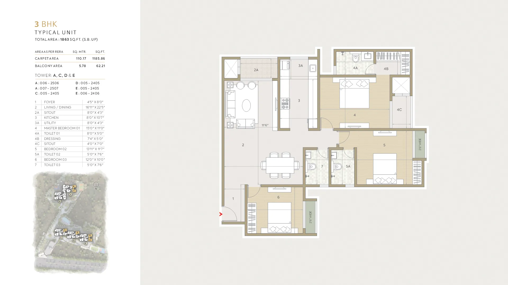 Orchid Life Floor Plan 3 BHK 1863 Sqft