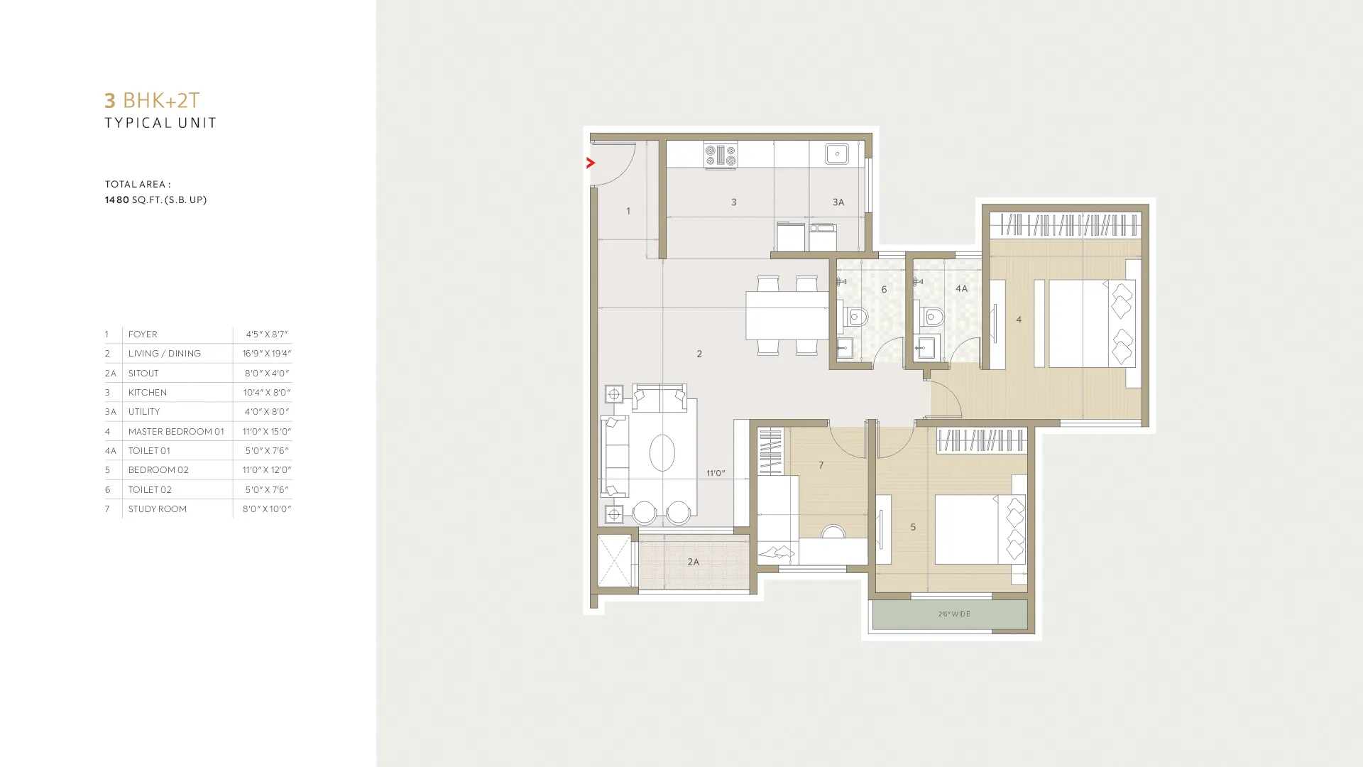 Orchid Life Floor Plan 3 BHK + 2T 1480 Sqft