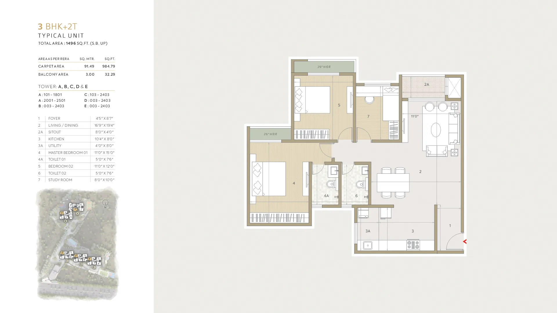 Orchid Life Floor Plan 3 BHK + 2T 1496 Sqft