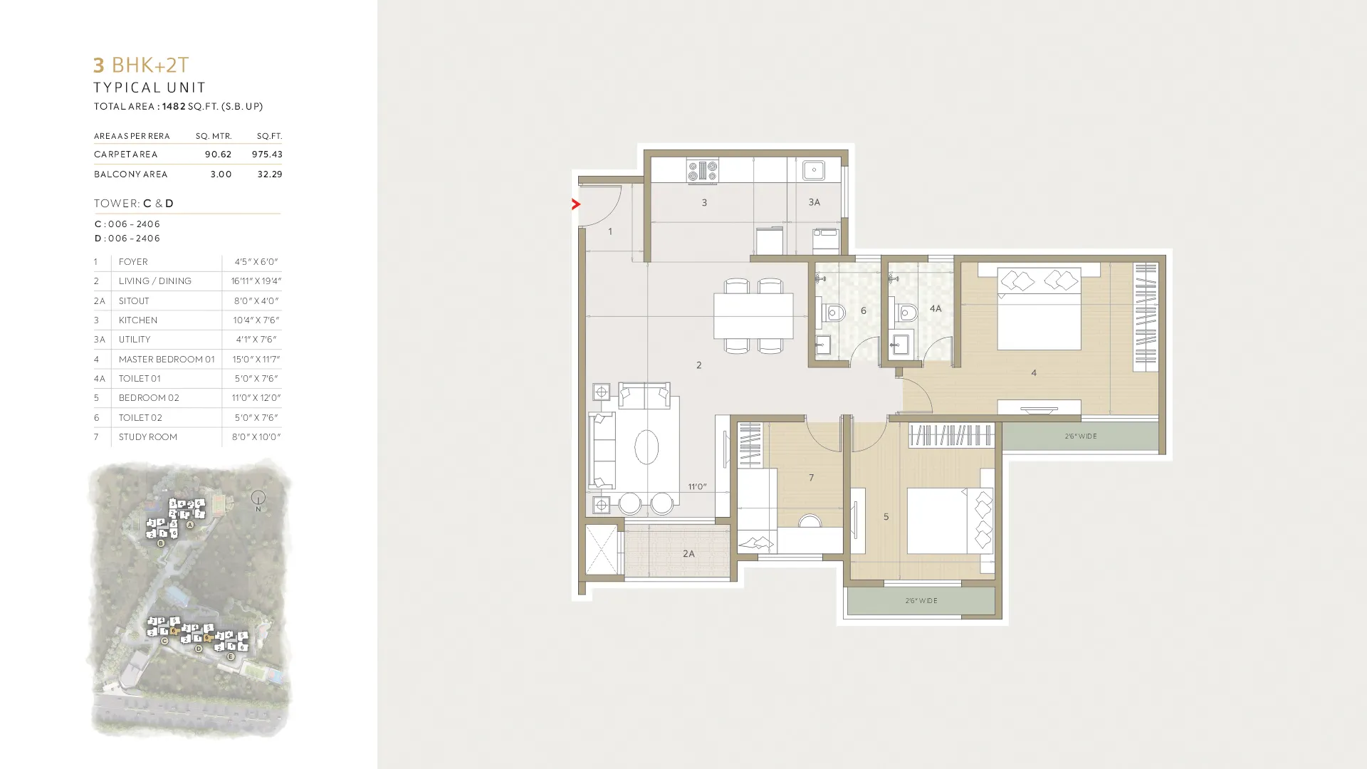 Orchid Life Floor Plan 3 BHK + 2T 1482 Sqft