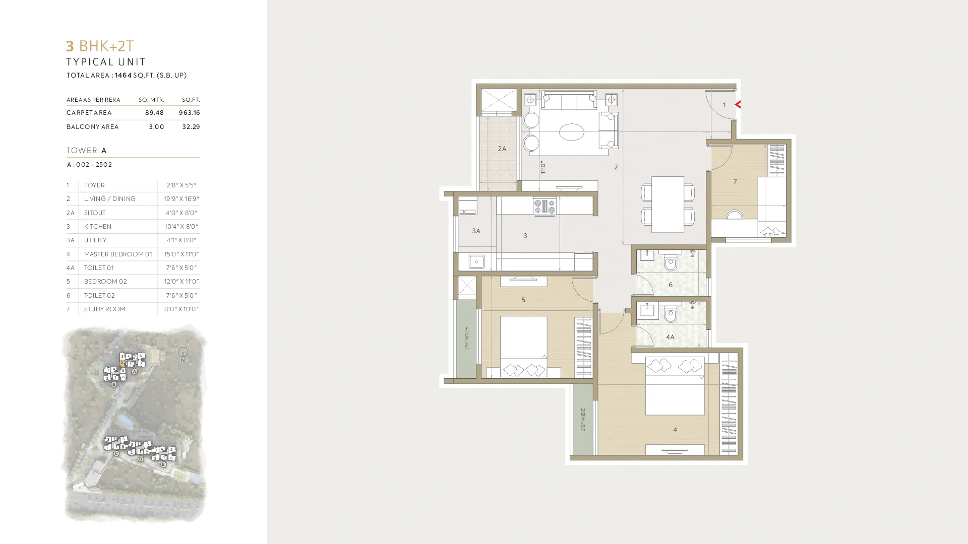 Orchid Life Floor Plan 3 BHK + 2T 1464 Sqft