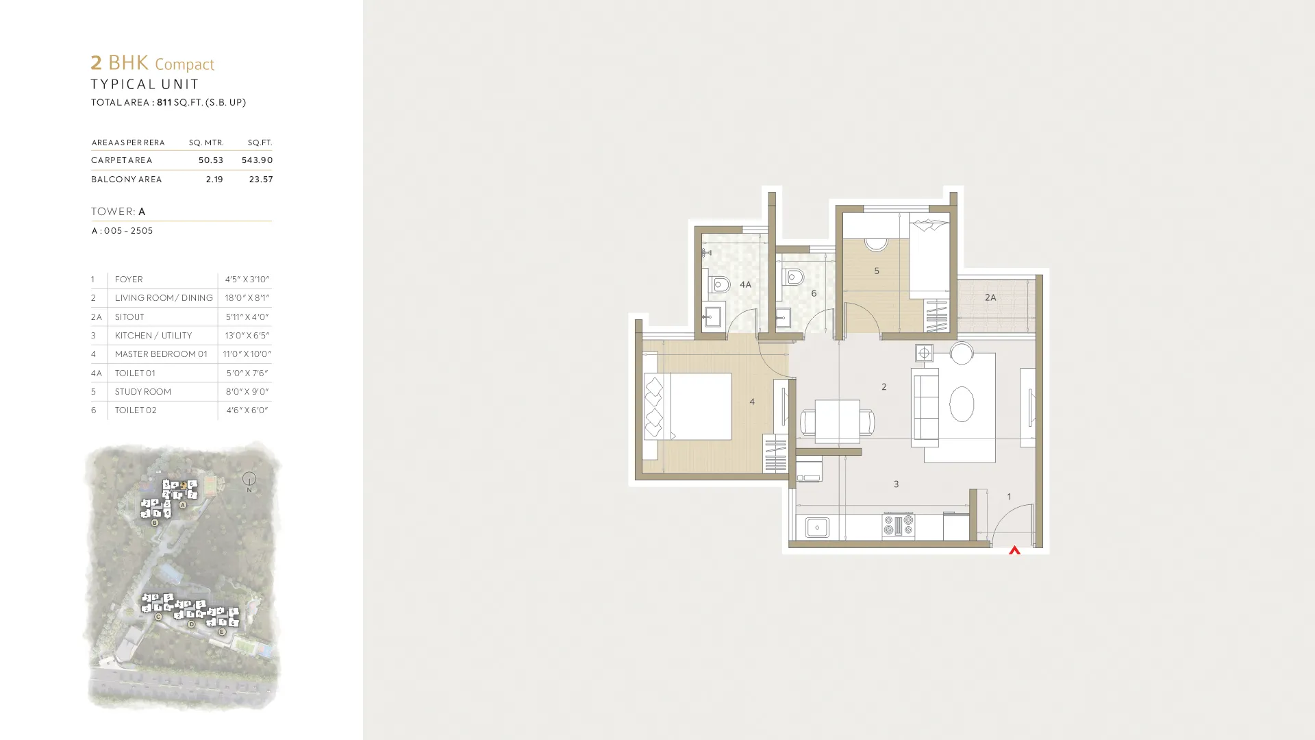 Orchid Life Floor Plan 2 BHK Compact 811 Sqft