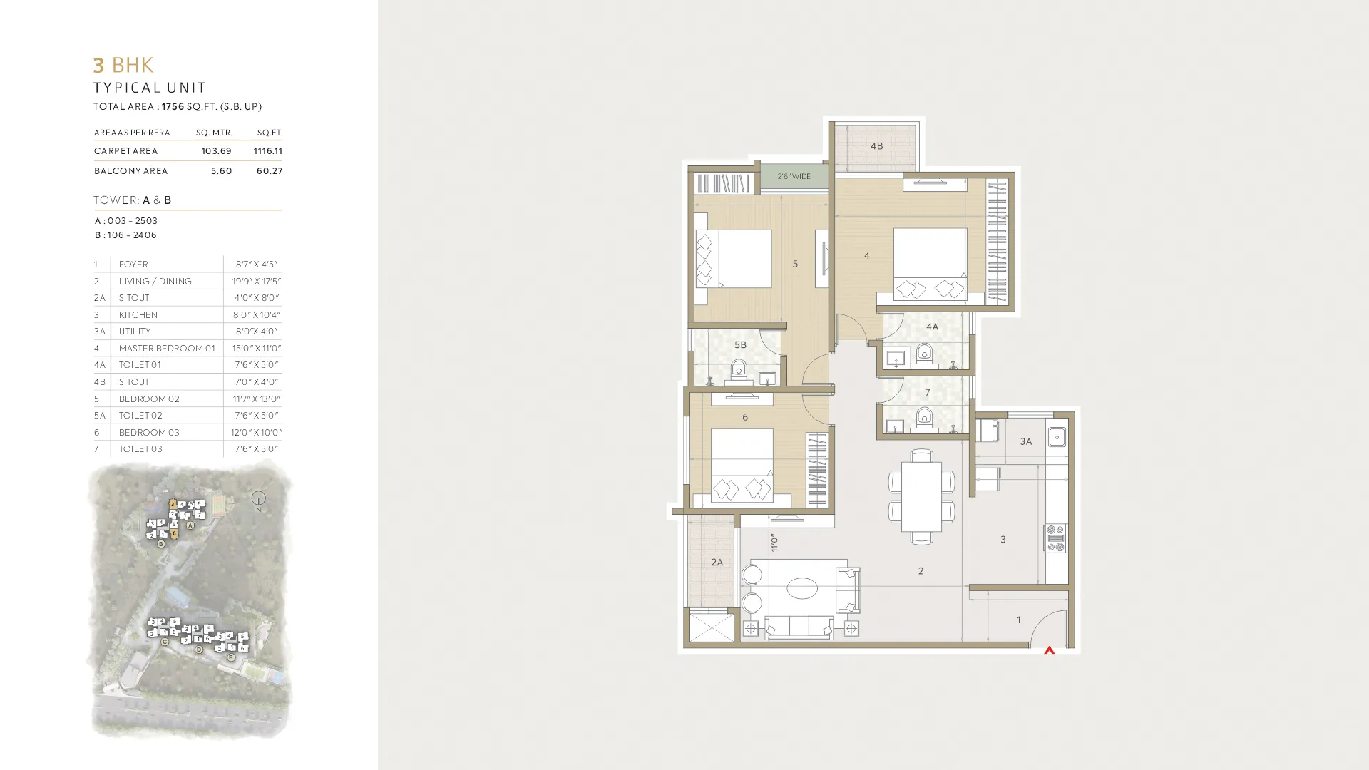 Orchid Life Floor Plan 3 BHK 1756 Sqft