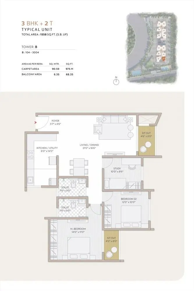 Orchid South Park Floor Plan 3 BHK 2T 1558 Sqft
