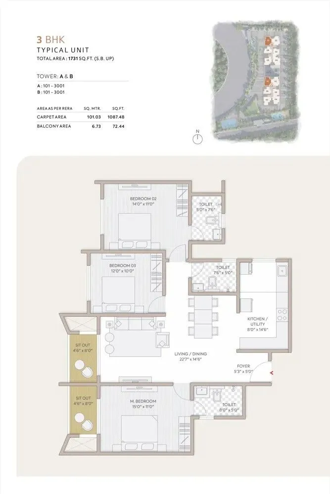Orchid South Park Floor Plan 3 BHK 1731 Sqft
