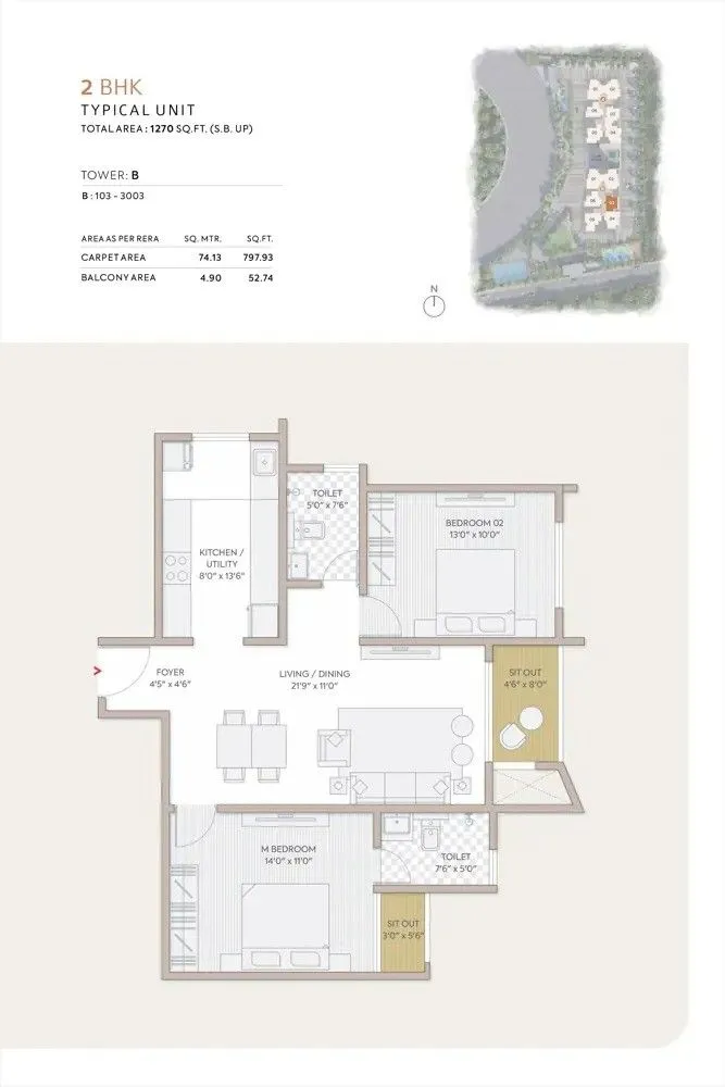 Orchid South Park Floor Plan 2 BHK 1270 Sqft