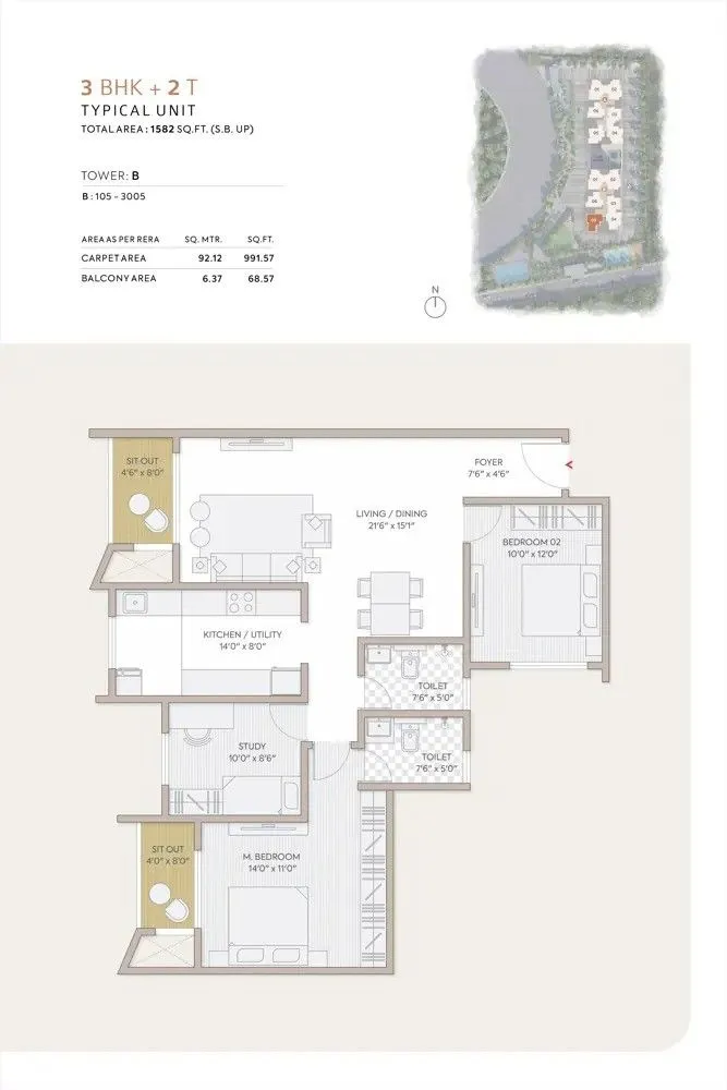 Orchid South Park Floor Plan 3 BHK 2T 1582 Sqft
