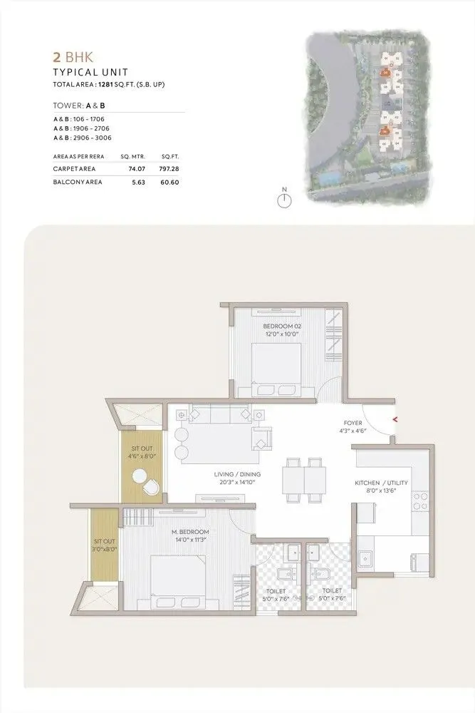 Orchid South Park Floor Plan 2 BHK 1281 Sqft