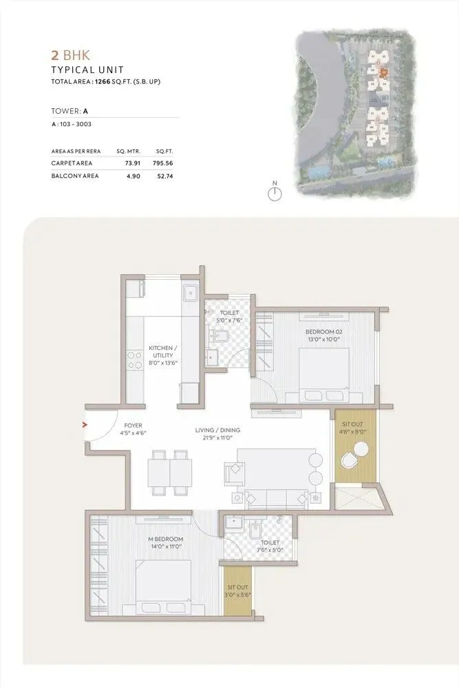 Orchid South Park Floor Plan 2 BHK 1266 Sqft