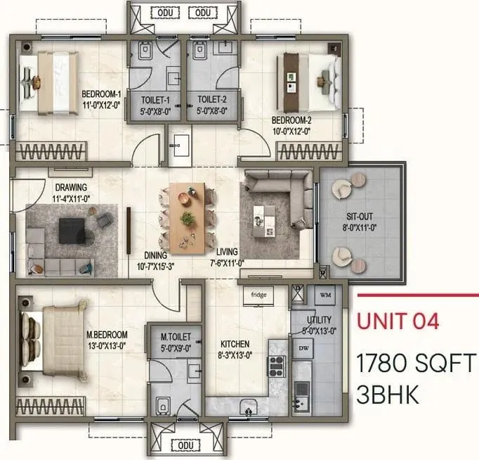 Poulomi Florique Floor Plan 3 BHK 1780 Sqft