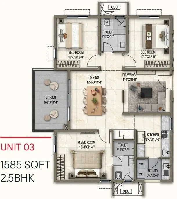 Poulomi Florique Floor Plan 2.5 BHK 1585 Sqft