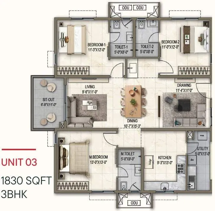Poulomi Florique Floor Plan 3 BHK 1830 Sqft