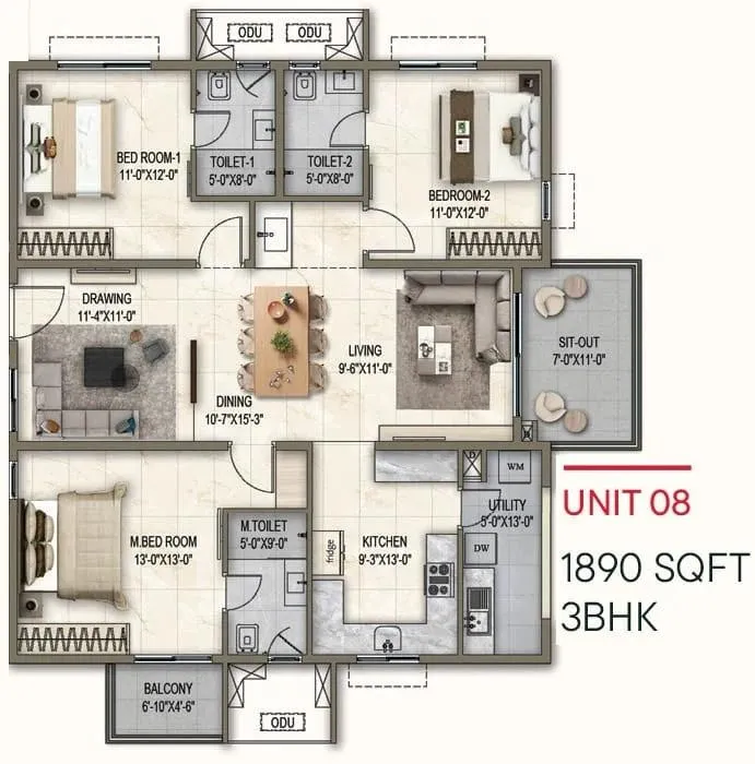 Poulomi Florique Floor Plan 3 BHK 1890 Sqft