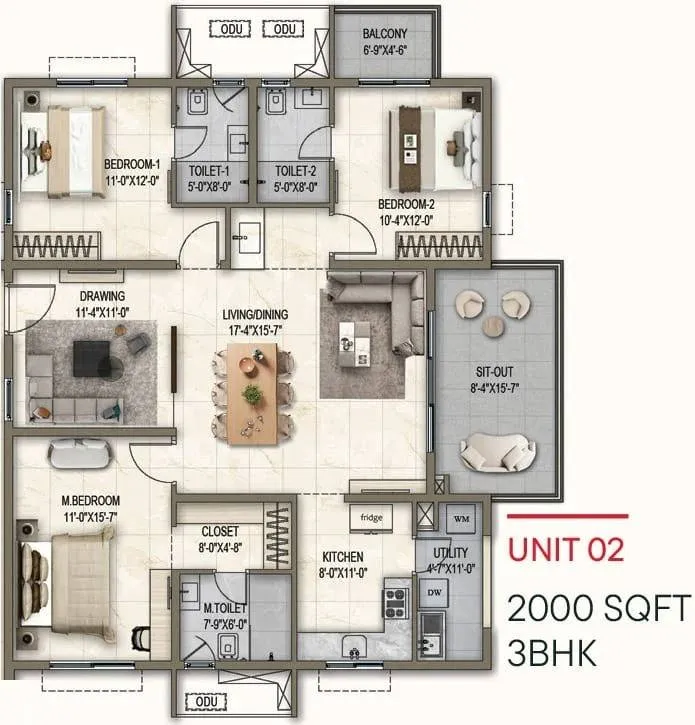 Poulomi Florique Floor Plan 3 BHK 2000 Sqft