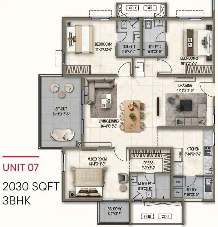 Poulomi Florique Floor Plan 3 BHK 2030 Sqft