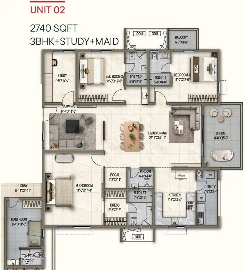 Poulomi Florique Floor Plan 3 BHK + Study + Maid 2740 Sqft