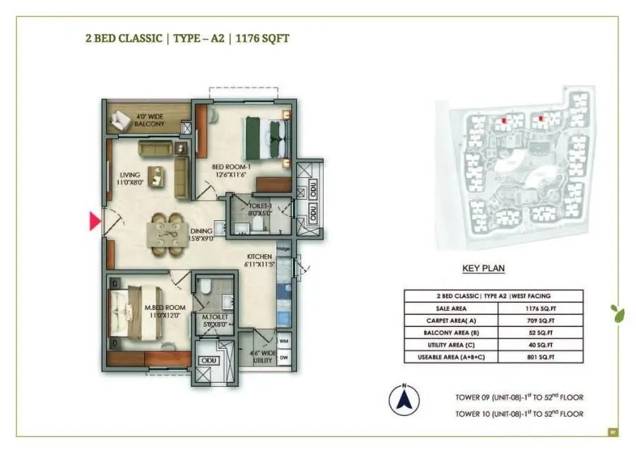 Prestige Golden Grove Floor Plan 2 BHK 1176 Sqft