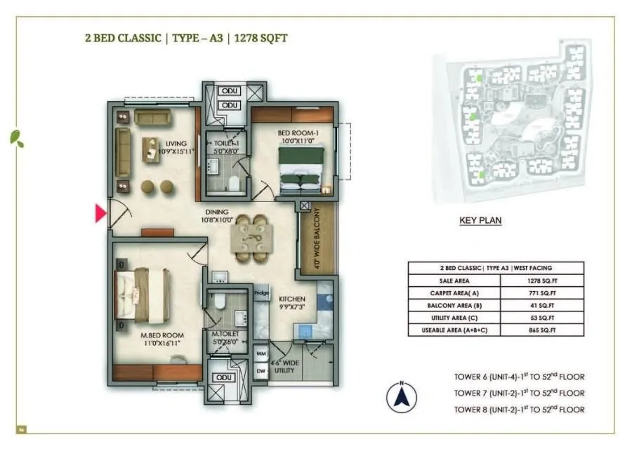 Prestige Golden Grove Floor Plan 2 BHK 1278 Sqft
