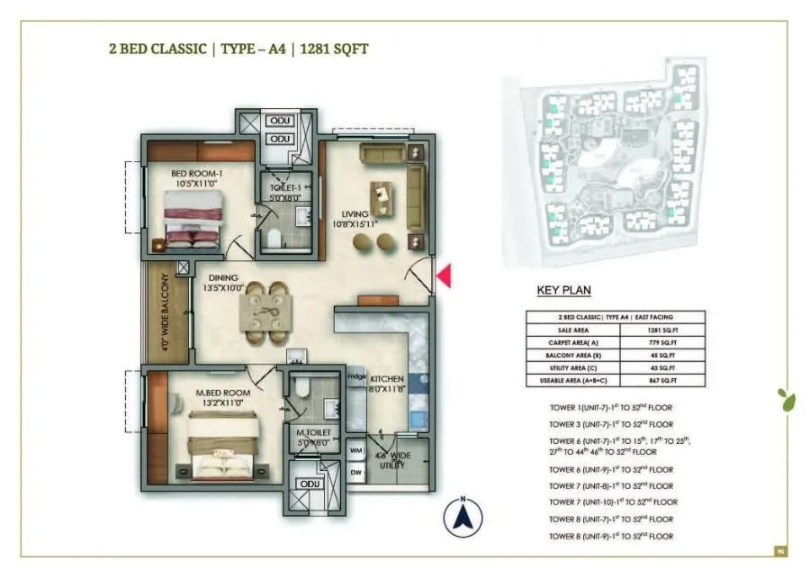 Prestige Golden Grove Floor Plan 2 BHK 1281 Sqft