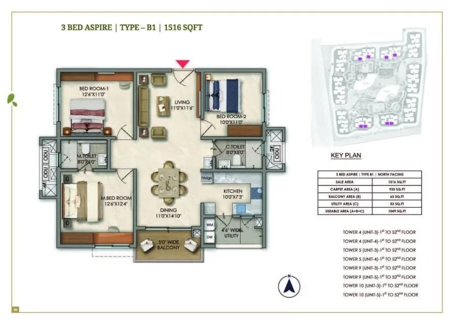 Prestige Golden Grove Floor Plan 3 BHK 1516 Sqft