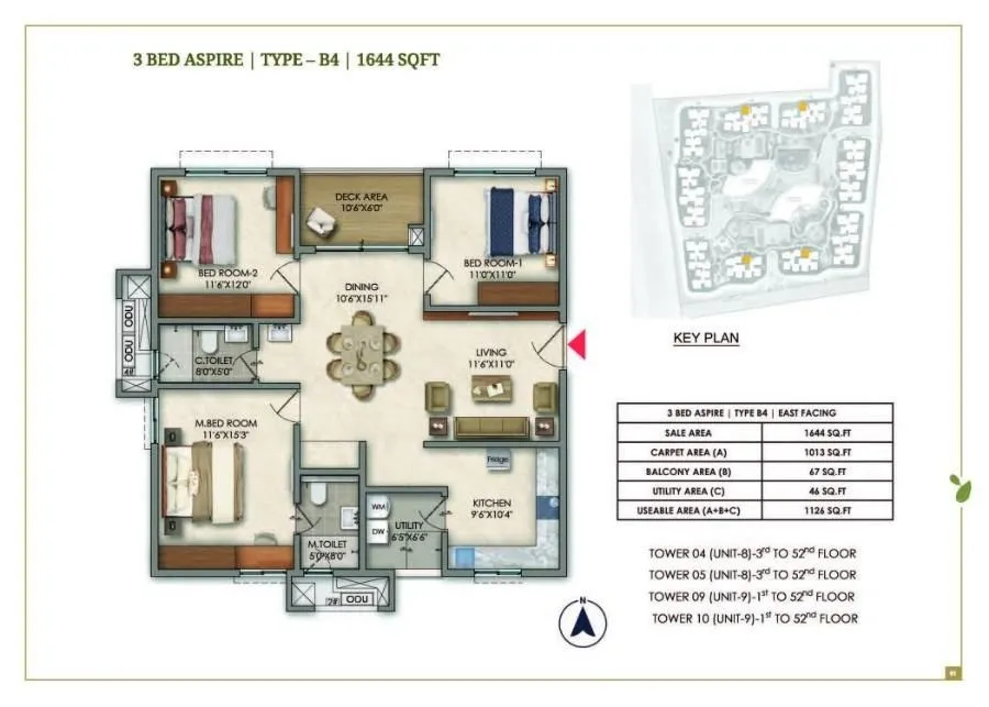 Prestige Golden Grove Floor Plan 3 BHK 1644 Sqft