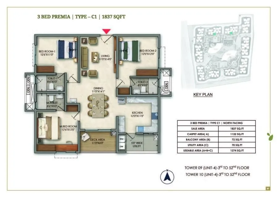 Prestige Golden Grove Floor Plan 3 BHK 1837 Sqft