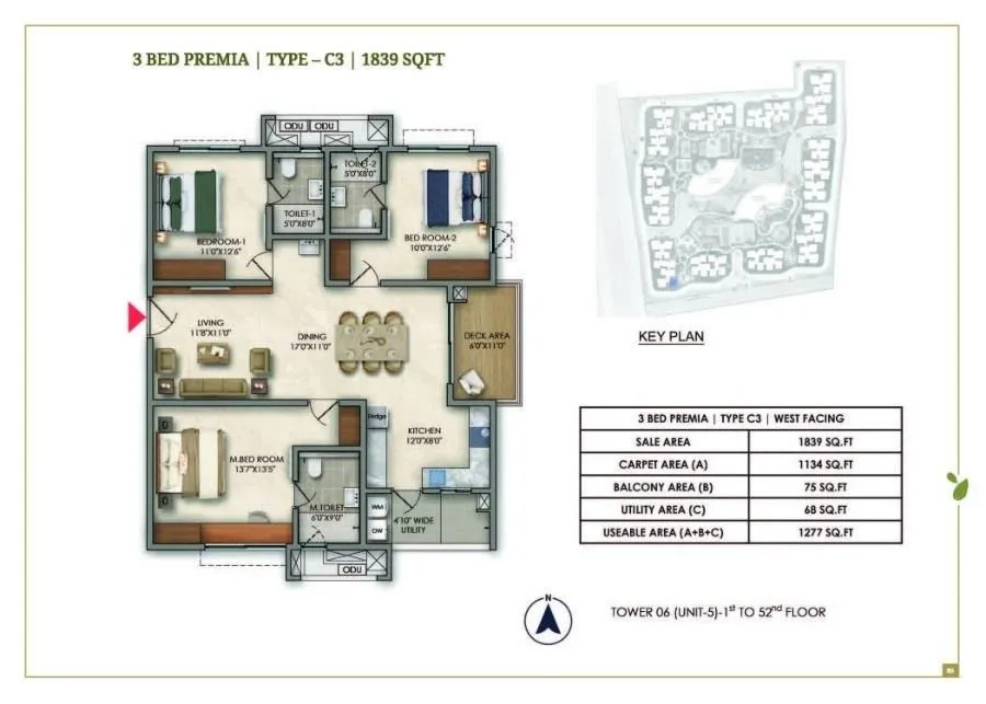 Prestige Golden Grove Floor Plan 3 BHK 1839 Sqft