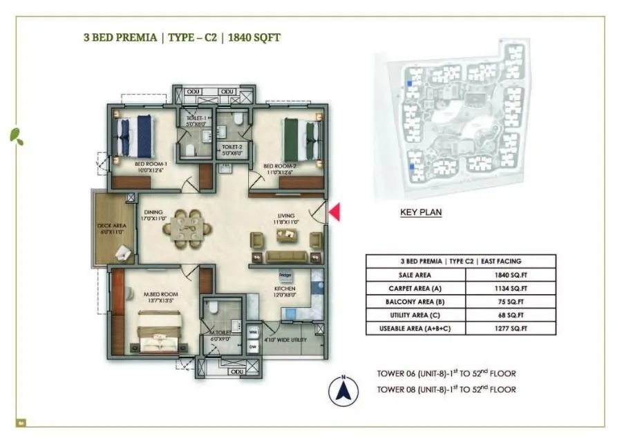 Prestige Golden Grove Floor Plan 3 BHK 1840 Sqft