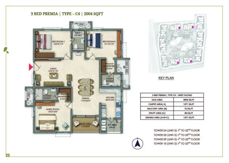 Prestige Golden Grove Floor Plan 3 BHK 2004 Sqft