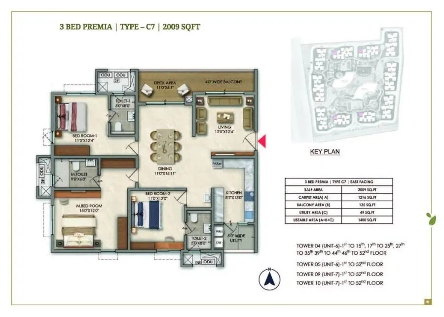 Prestige Golden Grove Floor Plan 3 BHK 2009 Sqft