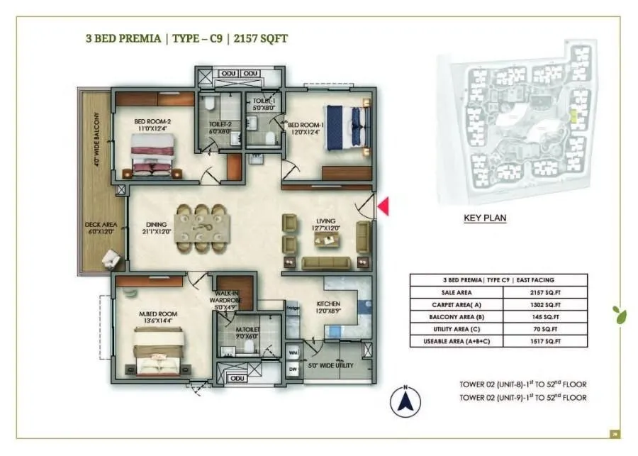 Prestige Golden Grove Floor Plan 3 BHK 2157 Sqft