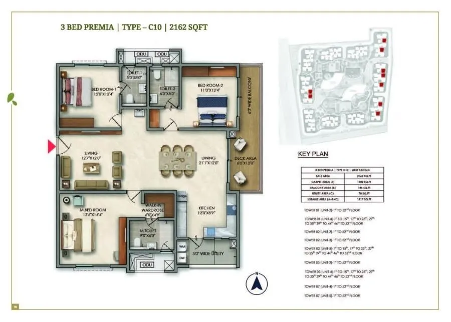 Prestige Golden Grove Floor Plan 3 BHK 2162 Sqft