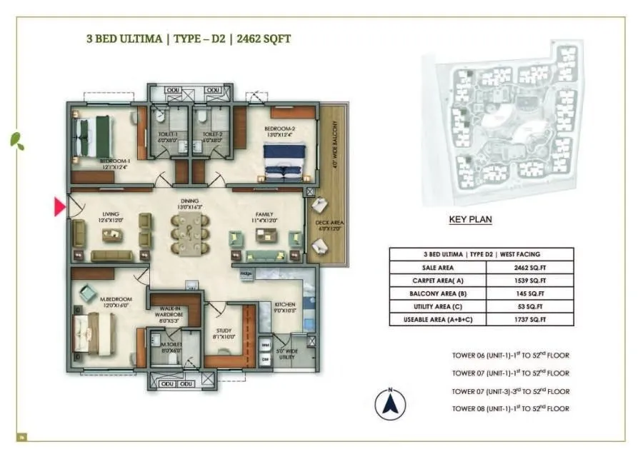 Prestige Golden Grove Floor Plan 3 BHK 2462 Sqft