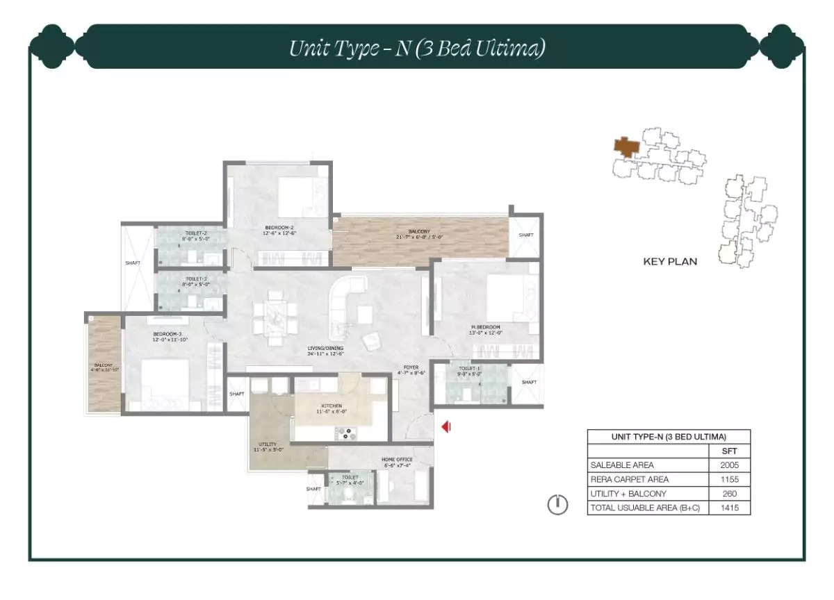 Prestige Suncrest Floor Plan 3 BHK 2005 Sqft