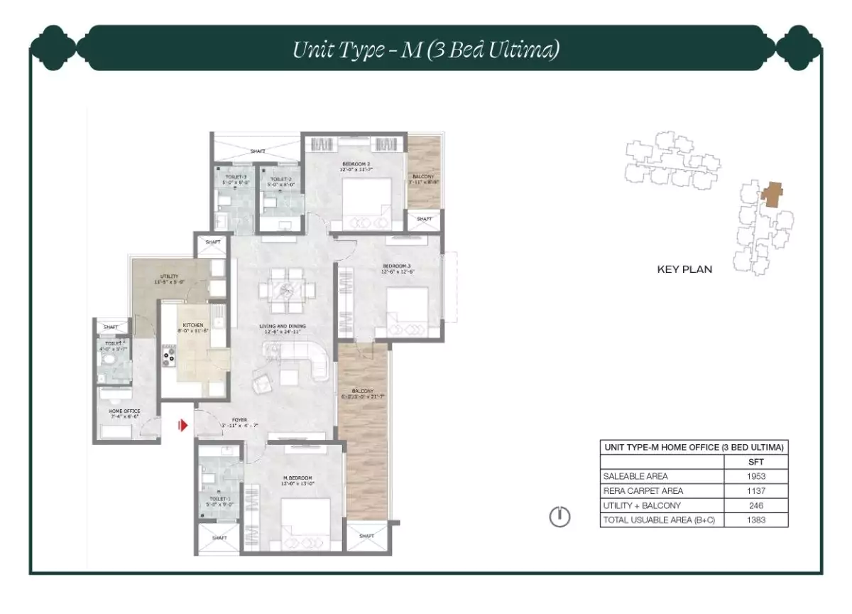Prestige Suncrest Floor Plan 3 BHK 1953 Sqft