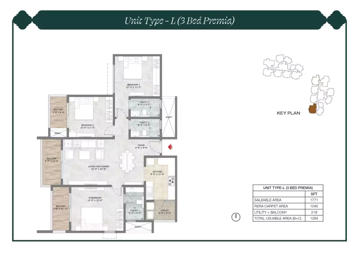 Prestige Suncrest Floor Plan 3 BHK 1771 Sqft