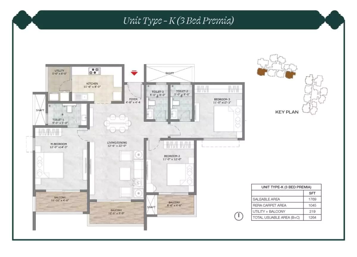 Prestige Suncrest Floor Plan 3 BHK 1769 Sqft