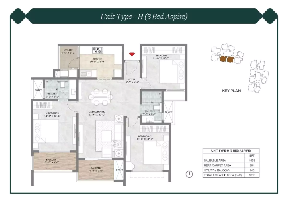Prestige Suncrest Floor Plan 3 BHK Aspire 1458 Sqft
