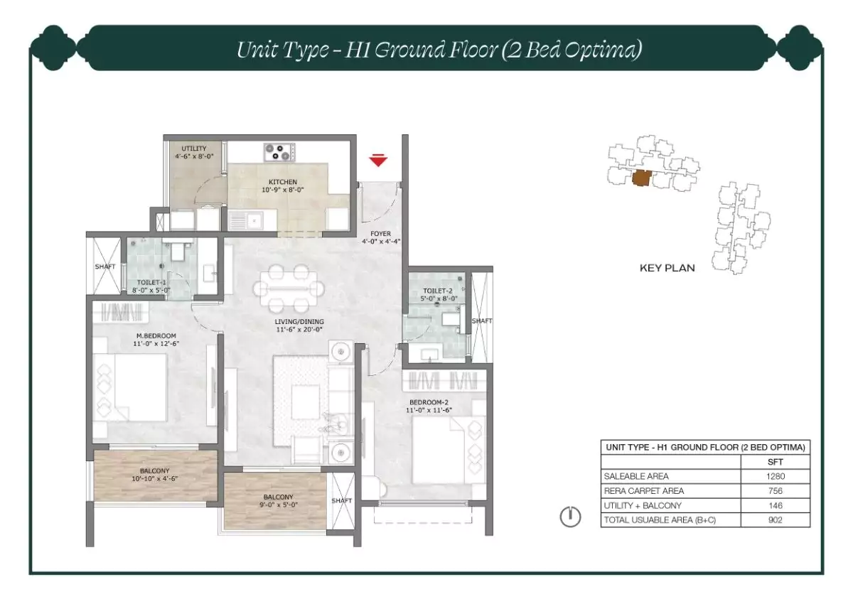 Prestige Suncrest Floor Plan 2 BHK 1280 Sqft