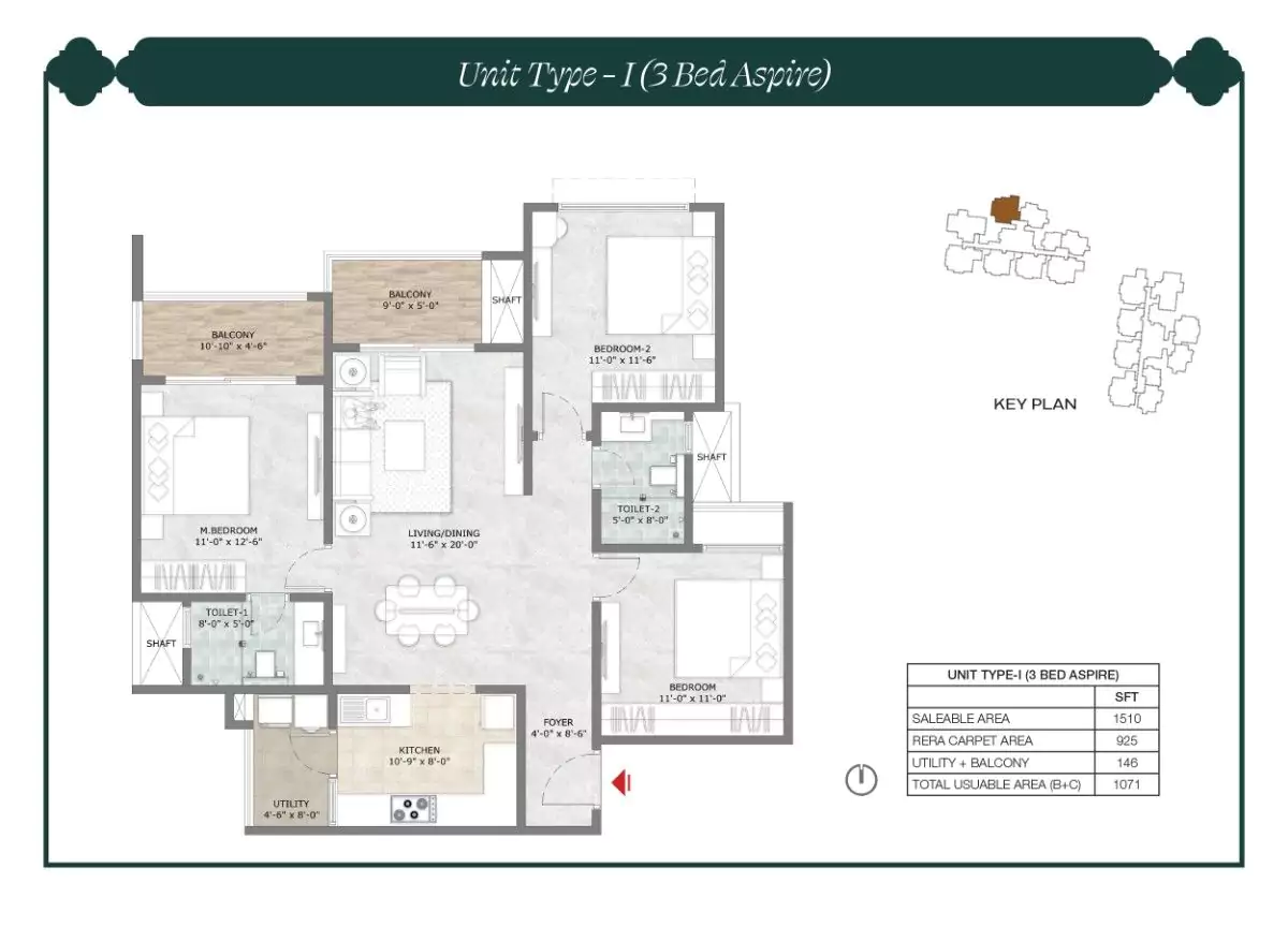 Prestige Suncrest Floor Plan 3 BHK Aspire 1510 Sqft
