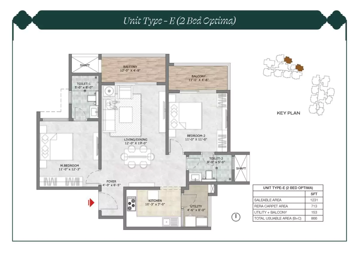 Prestige Suncrest Floor Plan 2 BHK Optima 1231 Sqft