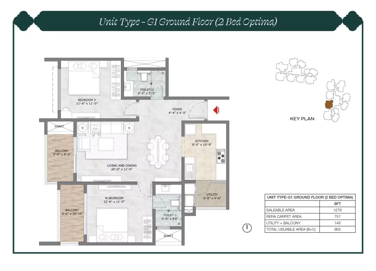 Prestige Suncrest Floor Plan 2 BHK Optima 1279 Sqft